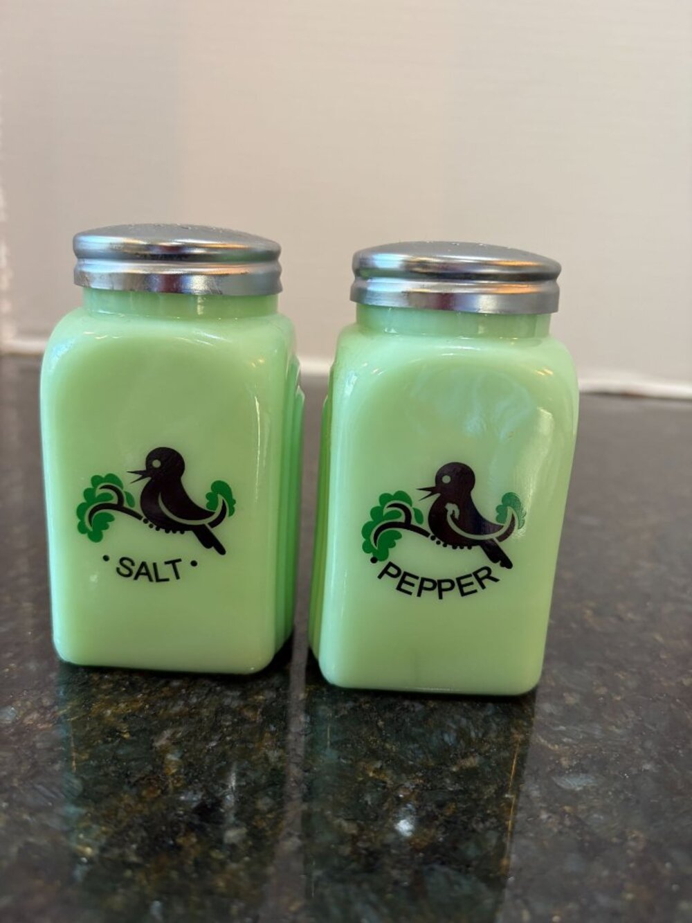 Jadeite Roman Arch, Glass Salt and Pepper Shakers